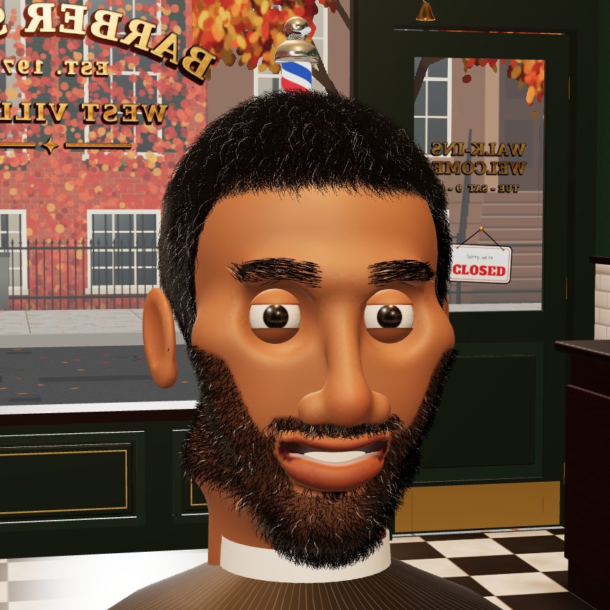 Christian: a huge toothy grin, big round eyes, ears that stick out and a short dark beard