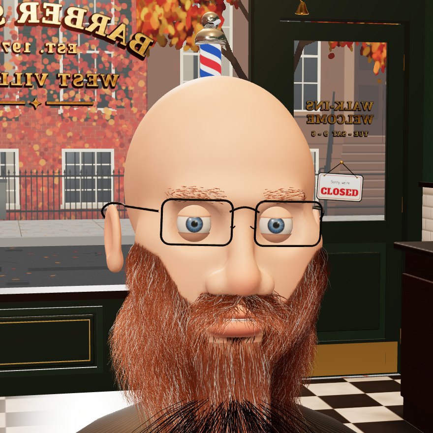 Kris: a shaved head, thin black rectangular glasses and a very long ginger beard