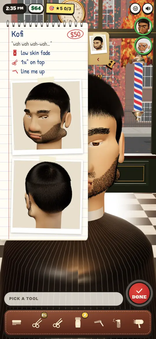 The order pad: a low skin fade, an inch and a quarter on top, line me up, with photos of the cut front and back