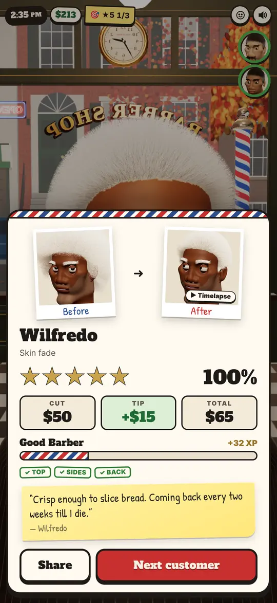The verdict: before and after photos, five stars, a fifteen dollar tip and a review: crisp enough to slice bread