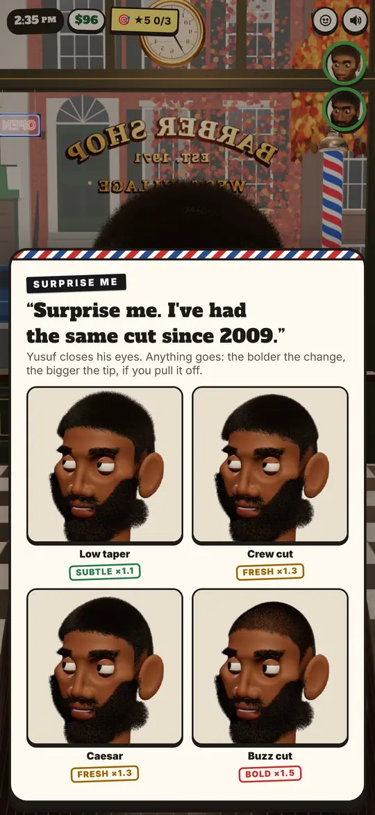Surprise me: four styles pictured on him, from a subtle low taper to a bold buzz cut