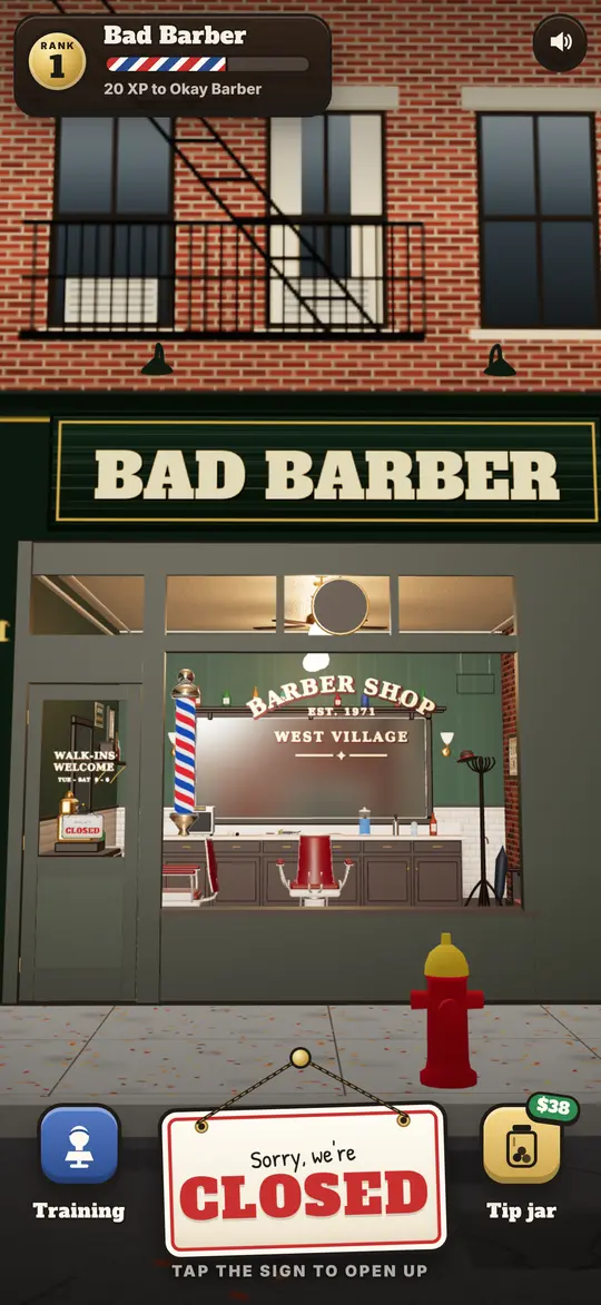 The shop from across the street: a red-brick walk-up, the barber pole, and the sign over the window saying BAD BARBER