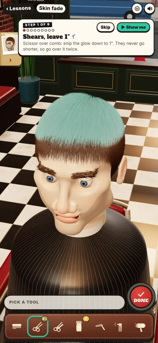 Training on Manny, the shop’s mannequin: step 1 of 9, shears, leave an inch, with the hair to cut glowing