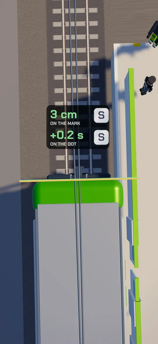 The stop shot from above: 3 cm on the mark and 0.2 s on the dot, two S ranks