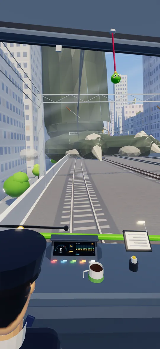 A giant foot stamping down on the tracks ahead of the cab